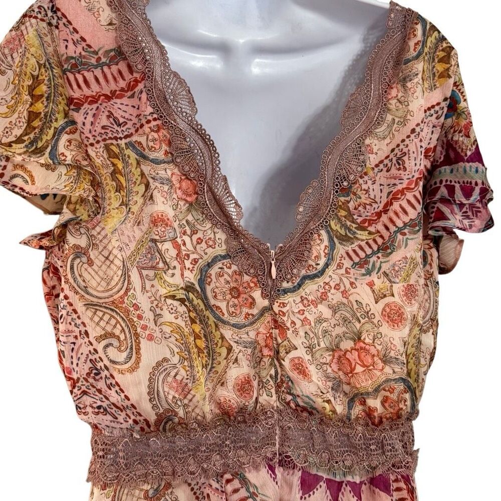 Guess Blush Pink Paisley Floral Lace Trim Handkerchief Hem Midi Boho Dress L - Picture 5 of 8